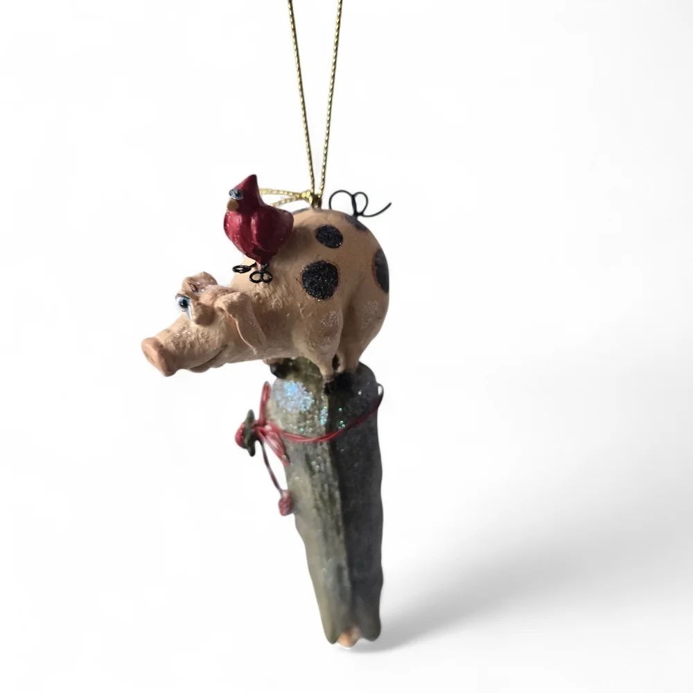 Whimsical Pig on Corn Ornament with Cardinal Folk Art Christmas Tree Decor
